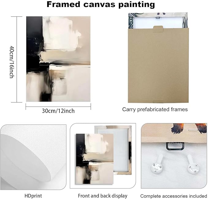 3 Piece Wall Art Framed Modern Abstract Neutral Canvas Wall Art Black White Beige Minimalist Painting for Living Room Bedroom Office Wall Decor Pictures Wall Decor with Hooks and Nails 12x16 Inch
