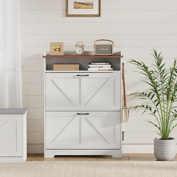 Shoe Cabinet Organizer with 2 Flip Drawers, Farmhouse Narrow Shoe Cabinet with 2 Adjustable Shelves & 2 Hooks, Shoe cabinet storage for entryway, Foyer, Hallway, White, 31.5"W x 8.7"D x 41.7"H