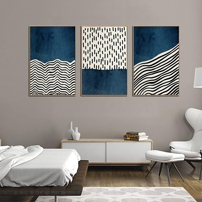 Framed Wall Art Canvas Set Mid Century Boho Picture Modern Abstract Geometric Lines Wall Decor Minimalist Black Indigo Canvas Painting Artwork Living Room Bedroom Home Office 24"x36"x3 Natural