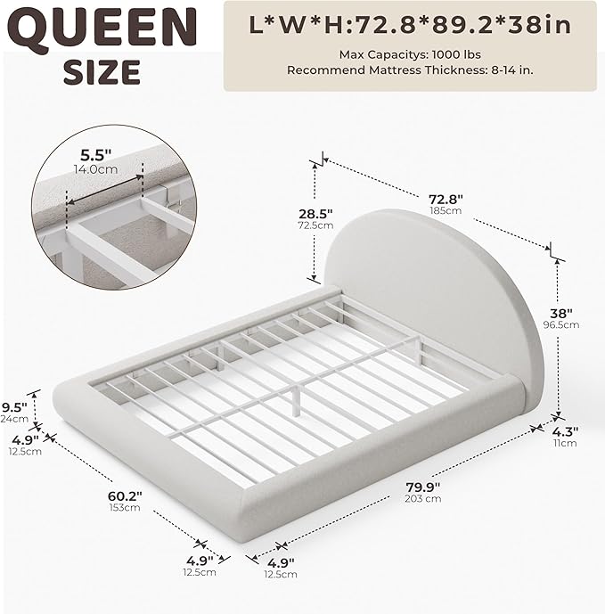 RECCI AirFrame Half-Moon Upholstered Queen Platform Bed Frame, Boucle Curved Arched Base with Headboard, 5 Inch Fully Round Cushioned Foam, No Box Spring Needed, Easy Assembly | Round Shaped, Boucle, Low-profile, Soft