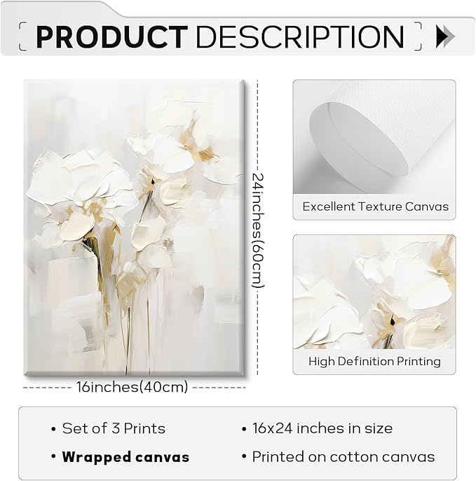 Neutral Wall Art Abstract Floral Canvas Pictures Beige Flower Wall Decor Modern Painting Minimalist Poster Abstract Botanical Prints White Artwork for Bedroom Living Room 16x24x3 Inch Ready to Hang