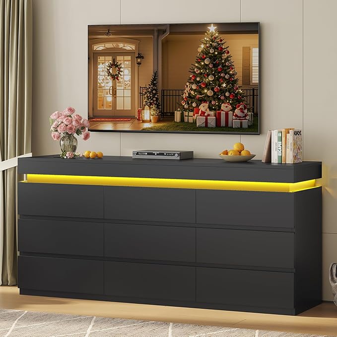 HAUOMS 9 Drawer Dresser with LED Light, Black Modern Chest of Drawers for Bedroom,Long Dresser with Drawers for Living Room, Entryway, Hallway