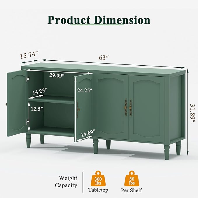 fineway 63" Sideboard Buffet Cabinet, Mid Century Modern Credenza Storage Cabinet with Carved Handle & Adjustable Shelves, Buffet Table Kitchen Coffee Bar for Living Room Dining Room - Green