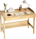 100% Solid Wood Desk with Drawers - 40 Inch Mid Century Modern Desk, Vintage Desks with Shelf, Adjustable Height Writing Computer Desks - Natural Oak