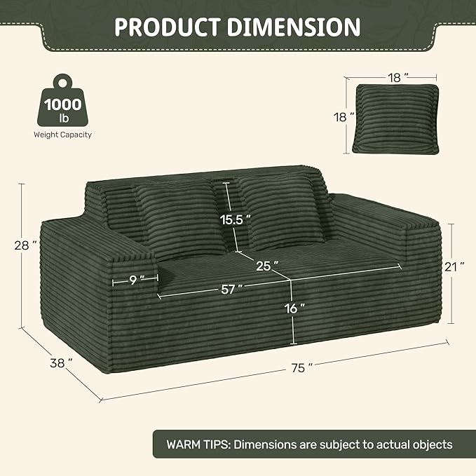 Luxanimarion 75'' Modern Loveseat Sofa, No Assembly Required Comfy Deep Seat Couches 1 pcs for Living Room, Bedroom, Apartment(Green)