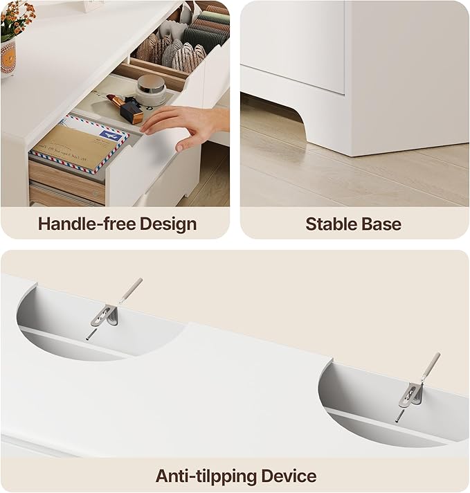 Gizoon 8 Drawer Dresser, 47" Wide White Dresser for Bedroom with Cut-Out Handles, Modern Wooden Chest of Drawers with Anti-Tip Kit, for Living Room, Hallway, Entryway, Home Office