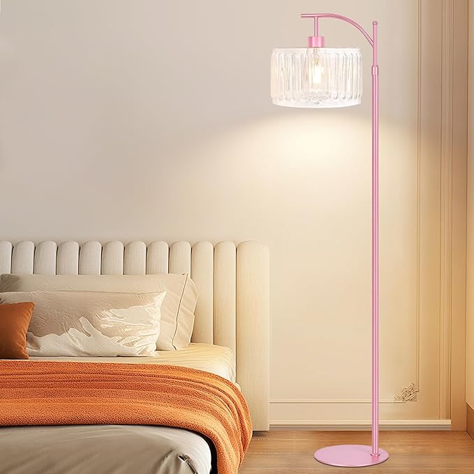 QIYIZM Pink Floor Lamp for Living Room,Bedroom,Gold Dimmable Standing Lamp with Remote,Mid Century Modern Brass Tall Lamp Boho Floor Lamps Arc Stained Glass Flower Floor Light Lamp Girls kids Bohemian