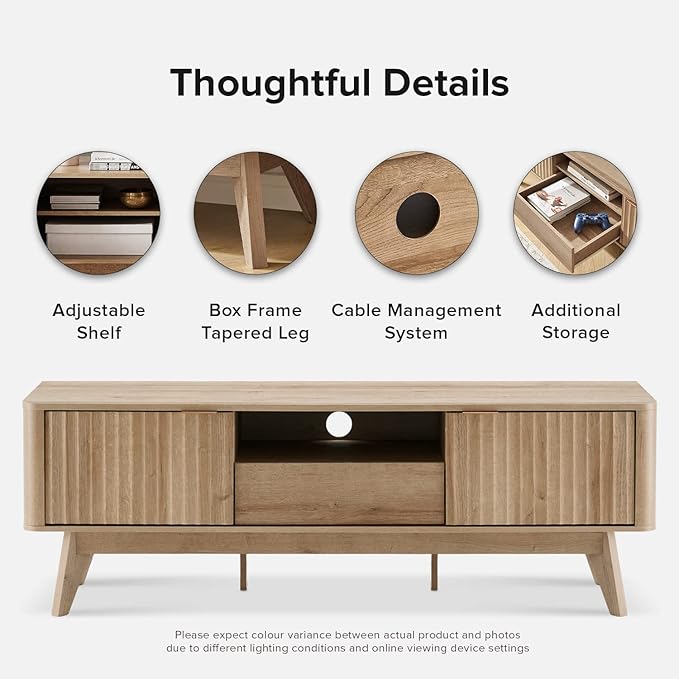 mopio Brooklyn Mid-Century Modern TV Stand, for TVs up to 50” / 59" Waveform Panel, Sleek Curved Profile with Adjustable Shelf and Sturdy Box Frame Leg (Golden Oak, 57")