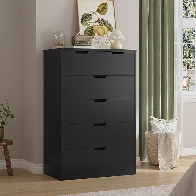 HAUOMS Tall 6 Drawer Dresser, Black Modern Chest of Drawers for Bedroom,Closet Dressers with Drawers for Living Room, Entryway, Hallway