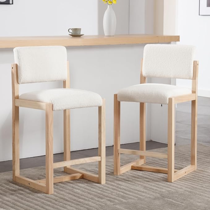 DUOMAY Modern Bar Stools Set of 2, 26" Counter Height Barstools, Sherpa Upholstered Kitchen Island Chair with Wood Legs for Home Bar Coffee Shop, White