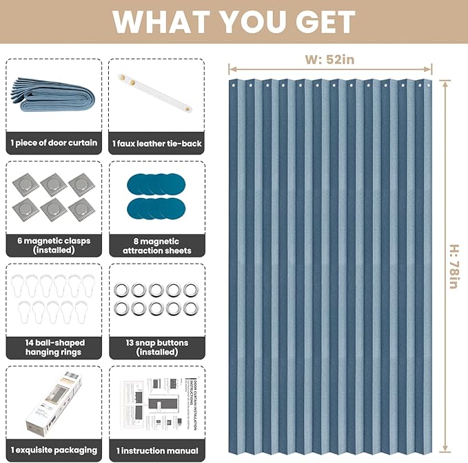Jilron Accordian Door Curtain, 100% Blackout Folding Magnetic Doorway Curtains,Linen Style Closet Doors,for Room Divider,Privacy Protection（W52 x L78,Blue,1 Panel）