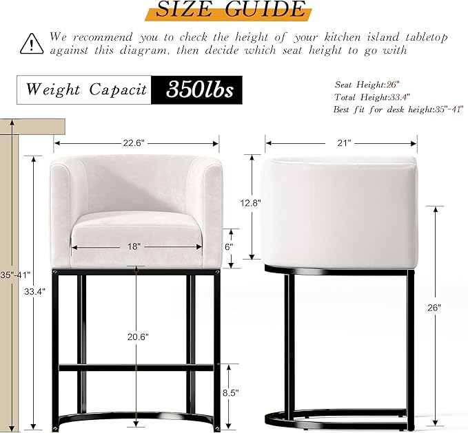 26" Modern Counter Height Bar Stools,Velvet Fabric Upholstered Barrel Barstools with Backs,Island Chairs bar stools Set of 1,Metal Black Frames,Beige White Velvet