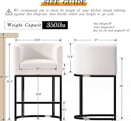 26" Modern Counter Height Bar Stools,Velvet Fabric Upholstered Barrel Barstools with Backs,Island Chairs bar stools Set of 1,Metal Black Frames,Beige White Velvet