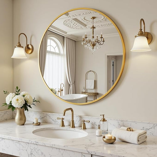 Antok 20 Inch Round Mirror for Wall, Round Bathroom Mirror, Circle Wall Mirrors with Gold Metal Frame, Circle Mirrors Suitable for Wall, Bathroom, Vanity, Living Room, Entryway