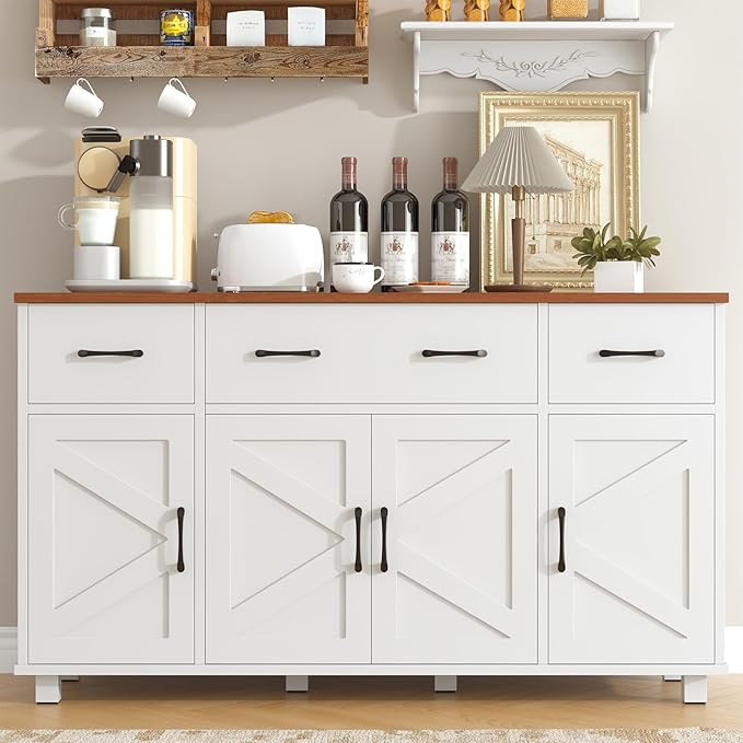 VVFLU 55" Sideboard Buffet Cabinet with Storage, Coffee Bar Cabinet with 3 Drawers and 4 Barn Doors, Long Storage Cabinet Modern Farmhouse, White Wood, for Kitchen, Dining Room, Living Room