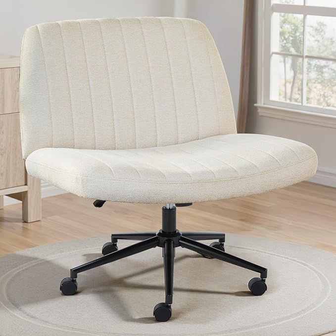 OLIXIS Criss Cross Chair with Wheels Wide Cross Legged Office Desk Vanity Chair Comfy Fabric Armless Adjustable Swivel for Home Computer Task Fabric Beige