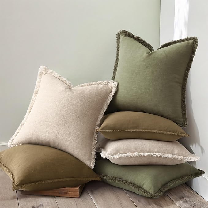 decorUhome Decorative Linen Fringe Throw Pillow Covers 18x18 Set of 2, Cozy Boho Farmhouse Cushion Cover with Tassels Soft Accent Pillowcase for Couch Sofa Bed Living Room, Ecru