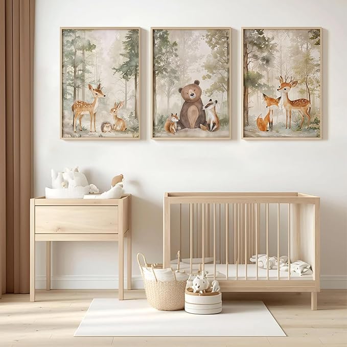 Tocliky Woodland Nursery Wall Art Decor Animal Forest Canvas Prints Baby Boy Room Wall Decor Bear Nursery Nature Pictures Deer Prints Artwork for Boy Girl Kids Bedroom 12x16 Inch Unframed Set of 3