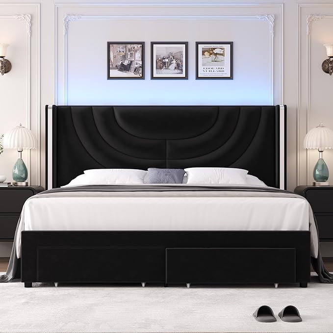 HITHOS Queen Upholstered LED Bed Frame with 2 Storage Drawers, Velvet Platform Bed with Wingback Headboard, Solid Wooden Slats Support, No Box Spring Needed, Headboard Splicing Design, Black