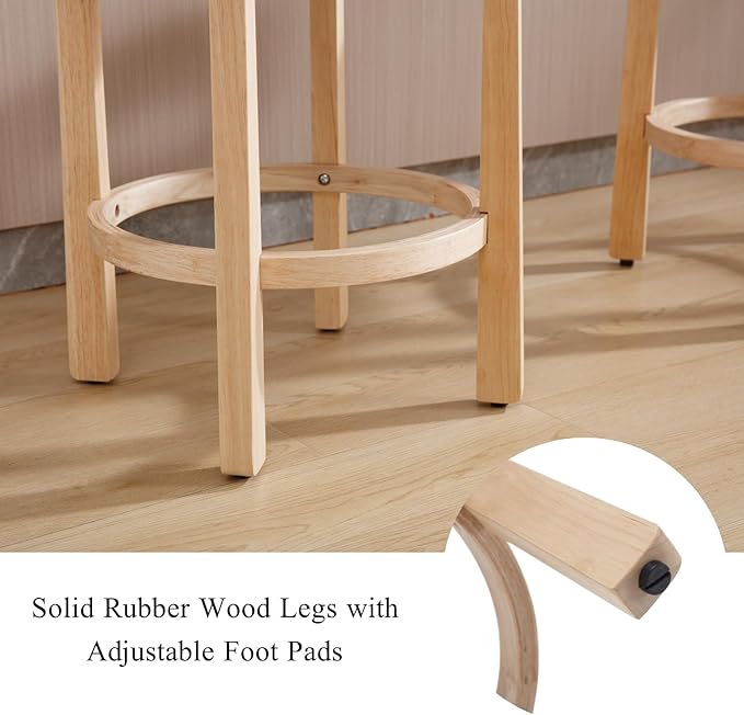 LukeAlon Sherpa Counter Stools Set of 4, Mid Century Upholstered 26.5" Seat Height Low Barstools with Natural Wood Legs Round Low Back Kitchen Stools with Footrest for Dining Room, White