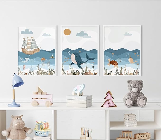 Ocean Nursery Wall Art Pictures Blue Nautical Canvas Art Beach Animal Wall Decor Baby Boys Room Wall Art Sea Whale Prints Ocean Nautical Poster for Nursery Baby Room 12x16 Inch Set of 3 Unframed