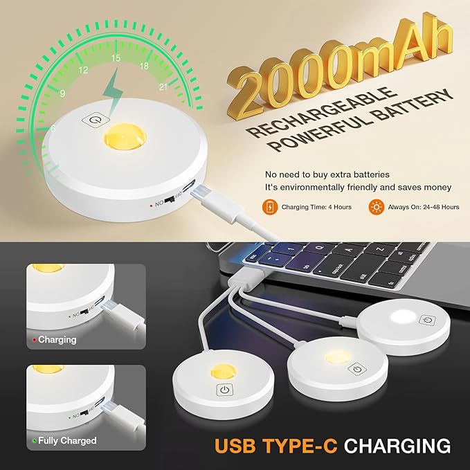 Puck Lights with Remote Control Rechargeable,Wireless Under Cabinet Lighting,2000mAh Battery Operated Tap Push Touch Lights,Stick On Lights for Counter,Shelf,Bookcase (White, 3 Pcs)