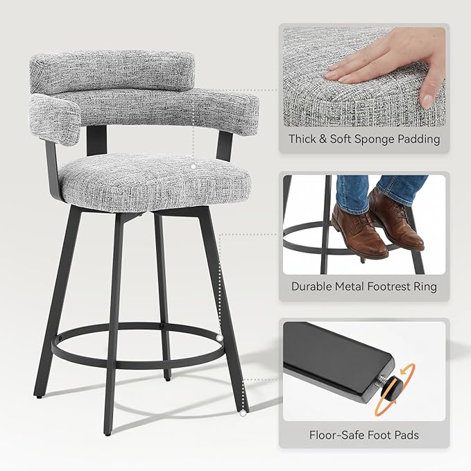 Counter Height Bar Stools with Full Back – Swivel Counter Stools Set of 2 with Linen Padded Back, Metal Footrest, Modern Barstools for Kitchen Counter, Island, Dining Room, Grey 24 inch