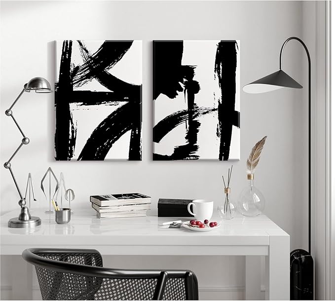 Black and White Wall Art Abstract Modern Painting Minimalist Line Canvas Wall Art Decor Black And White Poster Abstract Artwork Prints for Living Room Bedroom 16x24 Inch Wrapped Canvas Set of 2