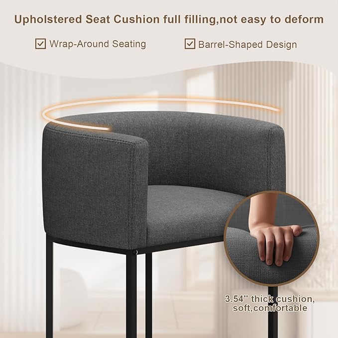 26" H Counter Height Bar Stools Set of 3, Modern Barrel Counter Stools with Backrest and Arms, Linen Fabric Upholstered Accent Barstools for Kitchen Island,Support 450 LBS (Carbon Black)