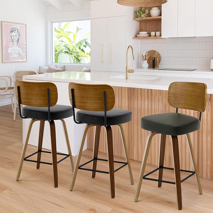Bekrvio Swivel Counter Height Bar Stools Set of 4, Mid-Century Modern Upholstered Faux Leather Barstools with Wood Back, 26" Seat Height Bar Stools for Kitchen Island, Black Seat and Walnut Frame