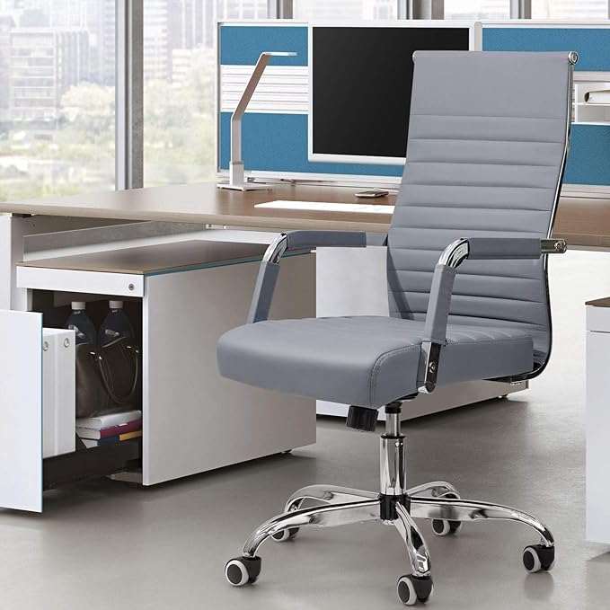 Furmax Ergonomic Office Desk Chair, Executive Ribbed Mid-Back PU Leather Conference Room Chair Adjustable Swivel Chair with Arms (4, Grey)