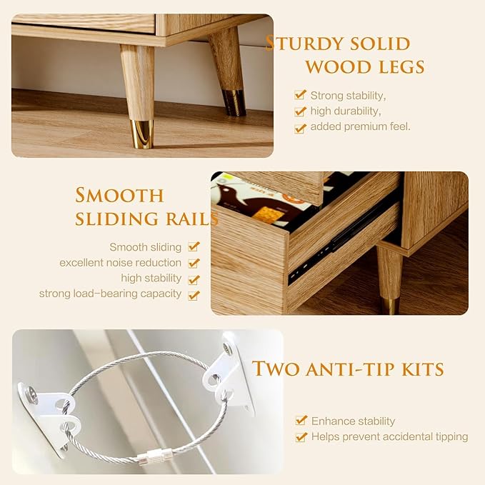 Chrangmay 9 Drawer Dresser,63" Wide Mid Century Modern Chest of Drawers,Wooden Bedroom Drawer Dresser with 9 Storage Drawers for Bedroom, Living Room,with Anti-Tipping Device,Natural
