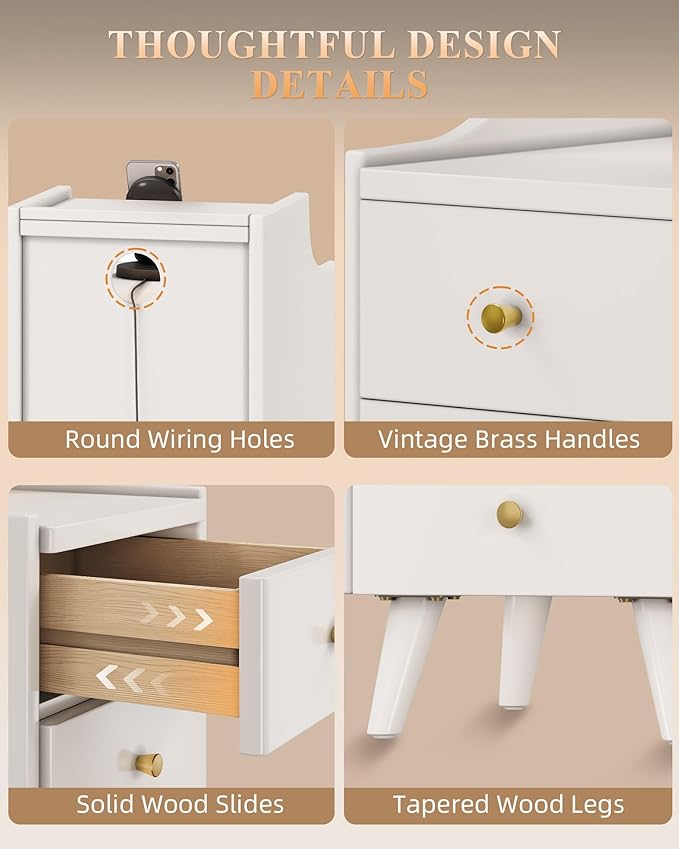 Narrow Nightstand with Drawers, 11.8" Slim Solid Wood Bedside Table with Open Shelf & Cable Hole, Modern Storage Cabinet for Small Spaces, Side Table for Bedroom & Living Room, White