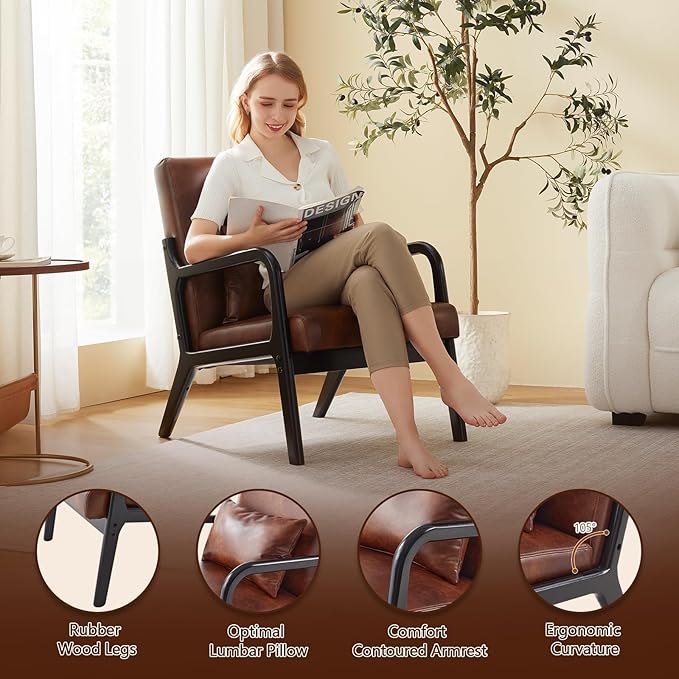 Achicsofar Accent Chair Mid Century Modern Armchair with Lumbar Support Pillow Wood Legs PU Leather Upholstered Lounge Chairs Comfy High Back Cushion for Living Room Bedroom