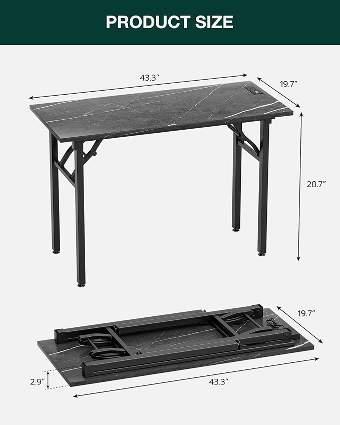 Frylr Small Folding Computer Desk – 43.3 Inch Portable Table for Craft and Study, Lightweight Desk for Small Spaces, Foldable Laptop Table Built-in AC/USB Outlets for Convenience, Marble Greige