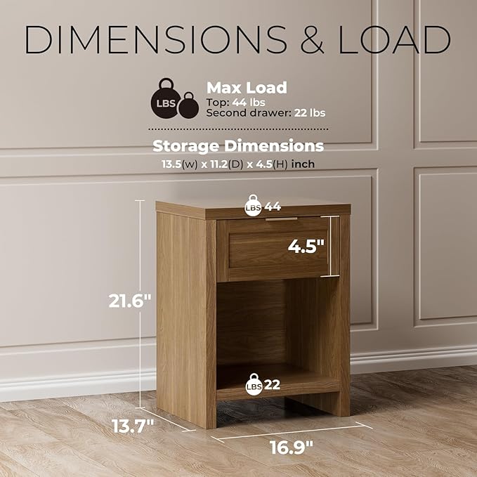 Walsham Natural Nightstands, Boho Bed Side Table for Living Room, Minimalist Night Stand with Drawer and Storage Shelf - Farmhouse End Tables for Bedroom (Special Walnut, 1 Set)