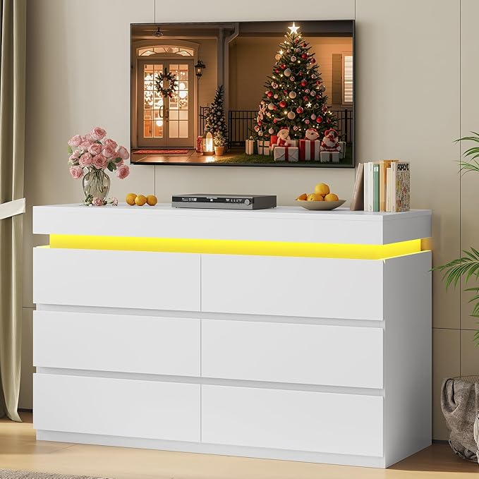 HAUOMS 6 Drawer Dresser with LED Light, White Modern Chest of Drawers for Bedroom,Closet Dressers with Drawers for Living Room, Entryway, Hallway