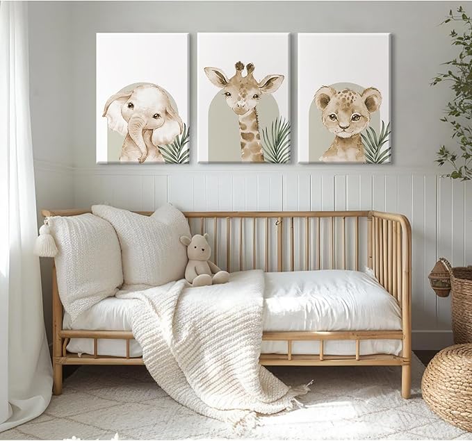 Nursery Animal Wall Art Decor Safari Jungle Nursery Pictures Baby Boy Room Canvas Wall Decor Woodland Animals Prints Safari Giraffe Artwork for Boys Kids Bedroom 16x24 Inch Wrapped Canvas Set of 3