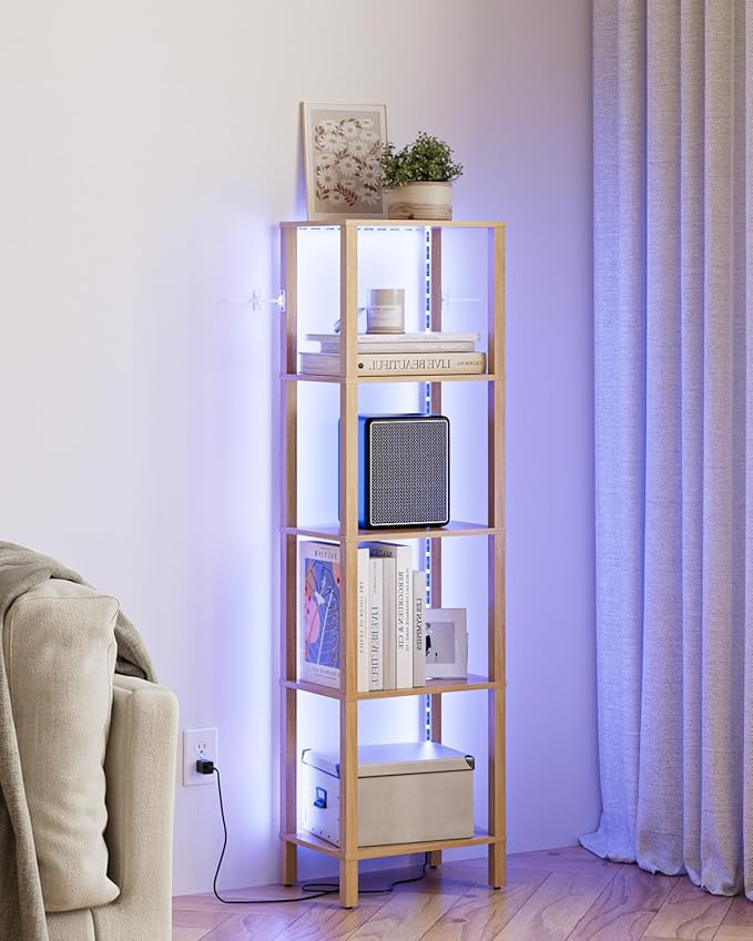 Open Book Shelf with LED Lights, 5 Tier Tall Bookshelf, Freestanding Shelf Narrow Bookcase with Open Shelves, 14.96" x 10.63" x 53.54", Book Shelves for Living Room, Office, Study, Oak