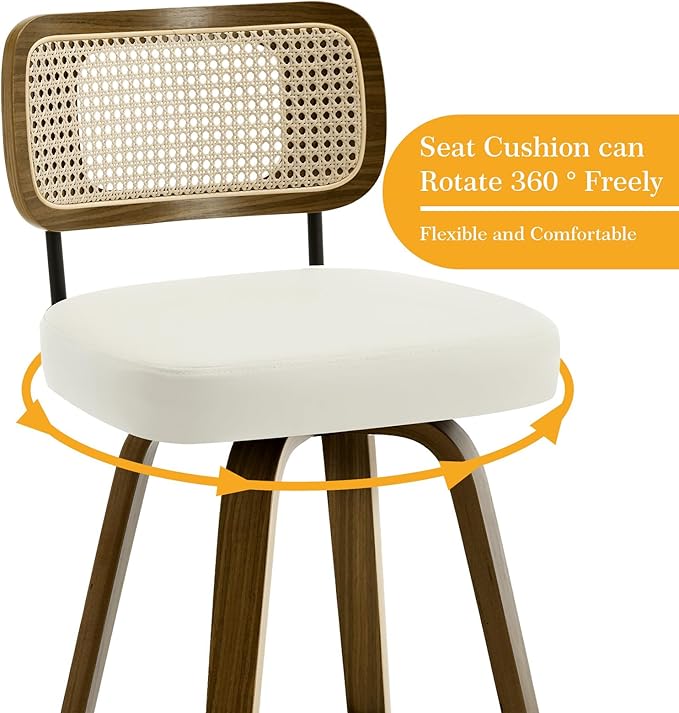 Bekrvio Swivel Bar Stools Set of 4, Upholstered Faux Leather Barstools with Rattan Back, 29" Seat Height Bar Chairs for Kitchen Island, Bentwood Wood Frame, Cream White