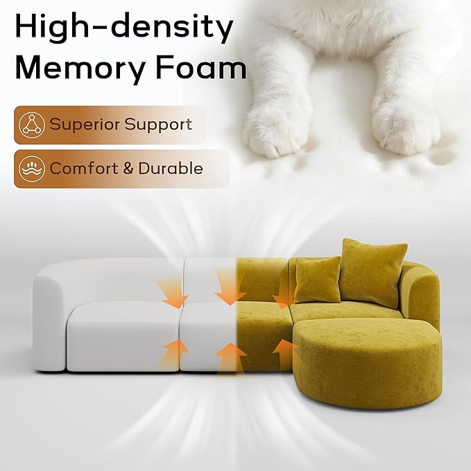 116" Modular Sectional Couches with Ottoman, Luxury Modern Curved Back Sofa, Minimalist Style Oversized 4 Seat Deep Comfy Convertible L Shape Boneless Couch for Living Room Studio Apartment, Yellow