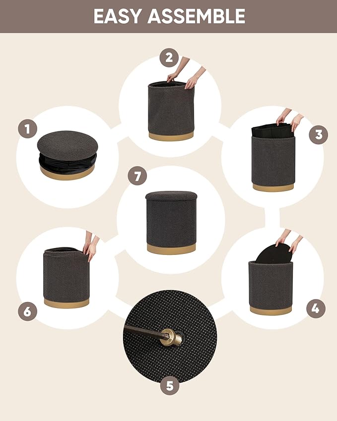 B FSOBEIIALEO Ottoman with Stroage, Round Boucle Storage Ottoman with Gold Plating Base,Foot Rest Stool for Dorm Room, Living Room Dark Grey, 14.76"x14.76"x16.34"