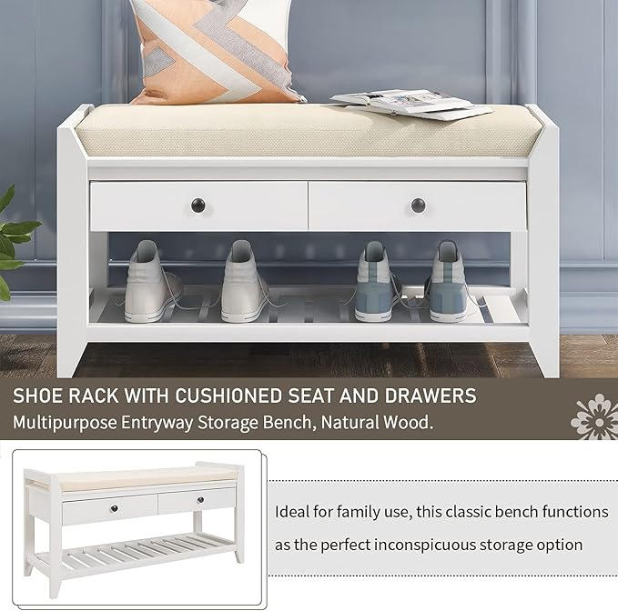 LUMISOL Storage Bench, Shoe Rack with Upholstered Seat and 2 Drawers, Solid Wood Entryway Storage Bench with Shoe Rack for Entryway, Living Room, Bedroom, White
