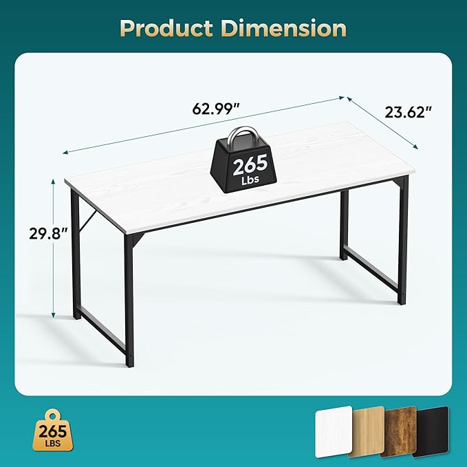 DUMOS 63 Inch Computer Desk for Home Office, Modern Study Work Table Simple Style for Bedroom, Large Writing Desks with Triangular Reinforcement, Wood White