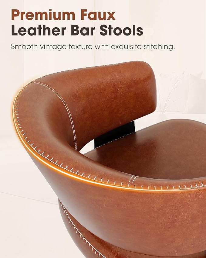 Bar Stools Set of 2, 30" Swivel Bar Height Bar Stools with Curved Back, Mid-Century Modern Faux Leather Bar Chairs with Stitching for Kitchen Island, Dining, Living Room, Vintage Brown