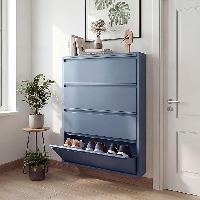 LUCYPAL Shoe Storage Cabinet with 4 Flip Drawers,Hidden Slim Shoe Cabinet,Wall Mount Metal Shoe Cabinet for Entryway, Blue