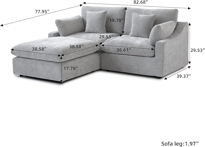 Modular Sectional Sofa Cloud Couch, 82.68" Loveseat Sofa with Chaise Ottoman, Linen Blend Fabric Minimalist Deep Seat Couches for Apartment Small Space, Sofa Covers Washable&Removable, Grey