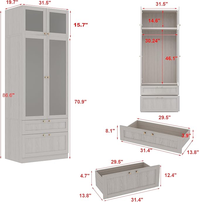 MOUMON 86.6" Wardrobe with Frosted Glass Doors & 2 Drawers, Armoire Closet with Hanging Rod, Top Storage, for Bedroom 31.5”W x 19.7”D x 86.6”H