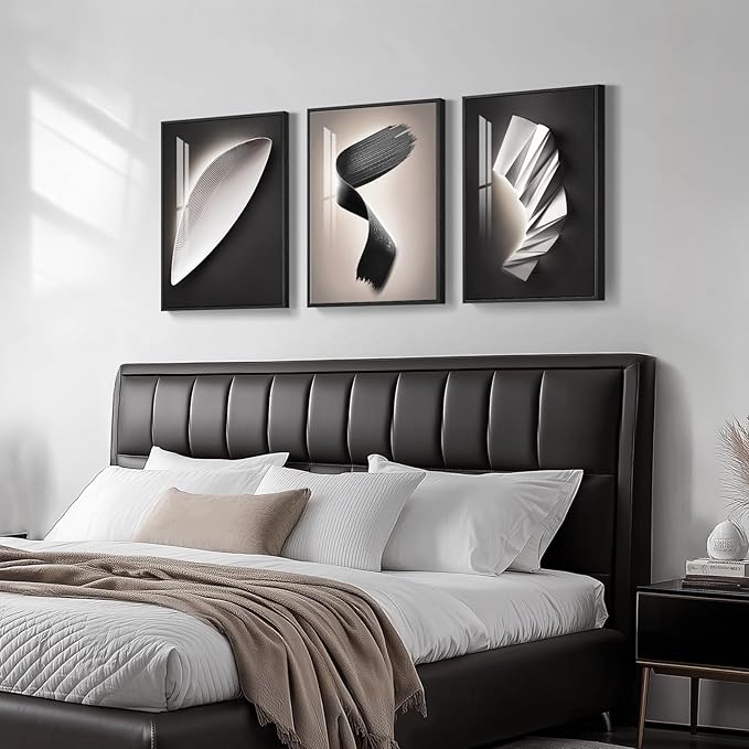 3 Piece Framed Modern Wall Art Sets, Abstract Black and White Line Geometric Decor Prints Paintings, Contemporary Luxury Artwork for Bedroom, Bathroom, Living Room and Office 16x24 Inch