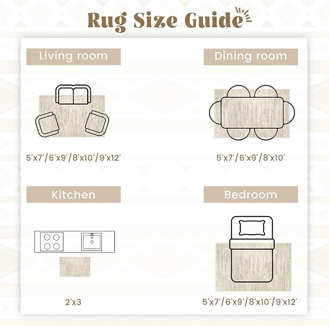 Living Room Rugs 9x12: Washable Moroccan Geometric Boho Rug Farmhouse Non Slip Stain Resistant Large Rug Low Pile Soft Carpet for Bedroom Dining Room Children Room (Camel,9'x12')